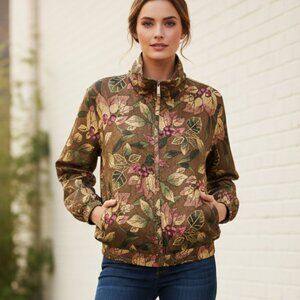 EVR Bomber Jacket Silk Street Boho Cottage Brown Pink Zip Mock M